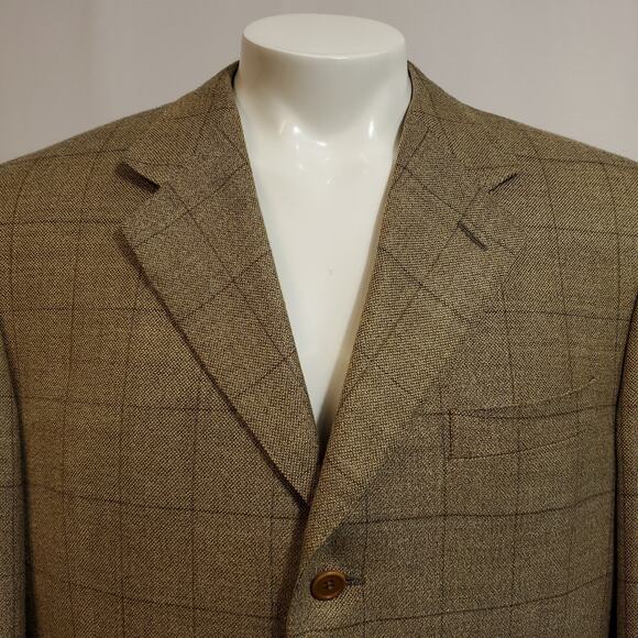 Canali Hopsack Blazer Size 42 Wool Silk Blend Brown Windowpane Plaid 3 Button